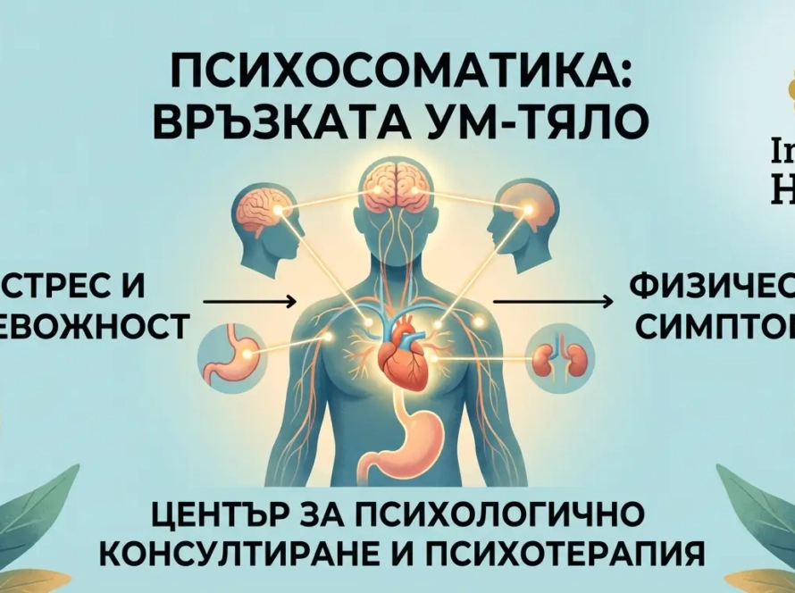Психосоматика – илюстрация на връзката ум–тяло, стрес и тревожност, водещи до физически симптоми – Integra House