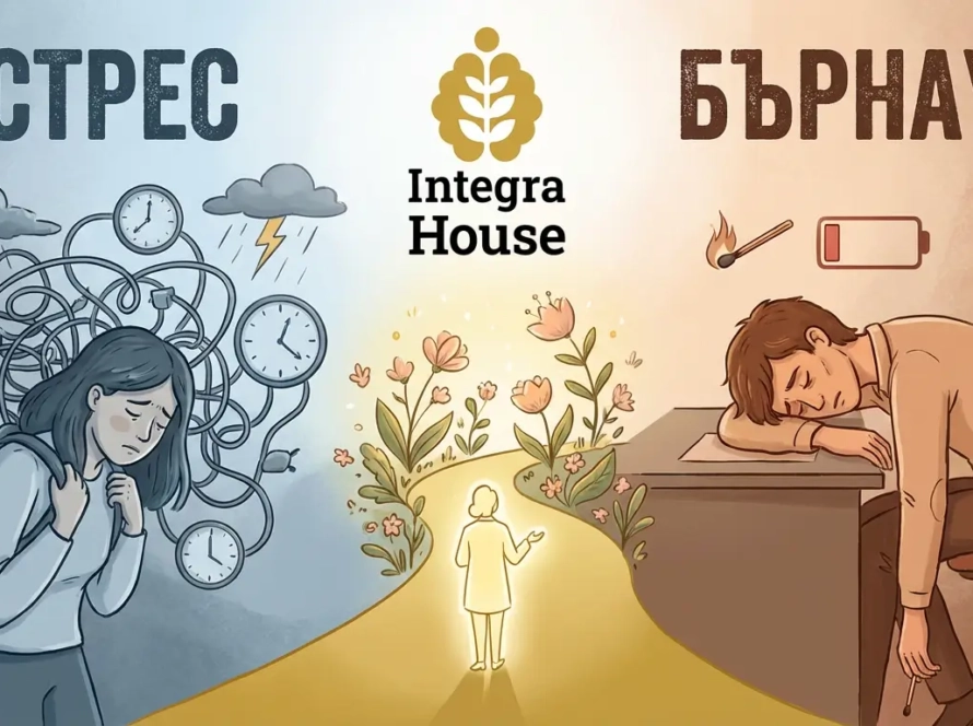 Стрес и бърнаут – илюстрация на психическо напрежение и емоционално изчерпване, психологично консултиране в Integra House