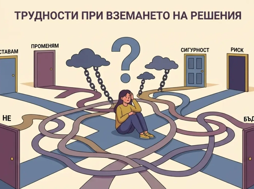 Илюстрация за трудности при вземането на решения – объркан човек сред различни пътища и избори, Integra House психологично консултиране