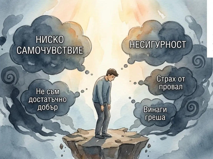 Ниско самочувствие – илюстрация на несигурност, страх от провал и силна самокритика, психологично консултиране в Integra House