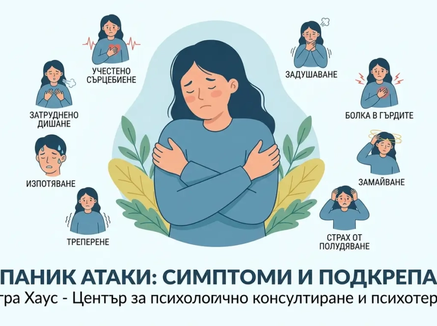 Паник атаки – илюстрация на симптоми като учестено сърцебиене, задух, треперене и страх, психологично консултиране в Integra House