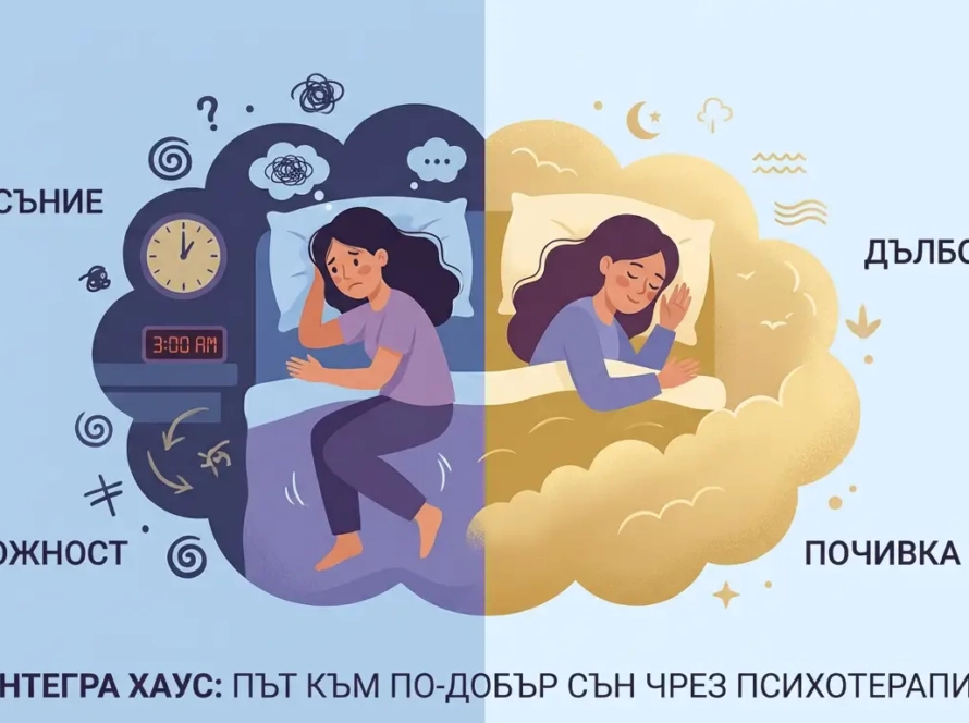 Проблеми със съня – илюстрация на безсъние, тревожност и преход към дълбок сън, психологично консултиране в Integra House