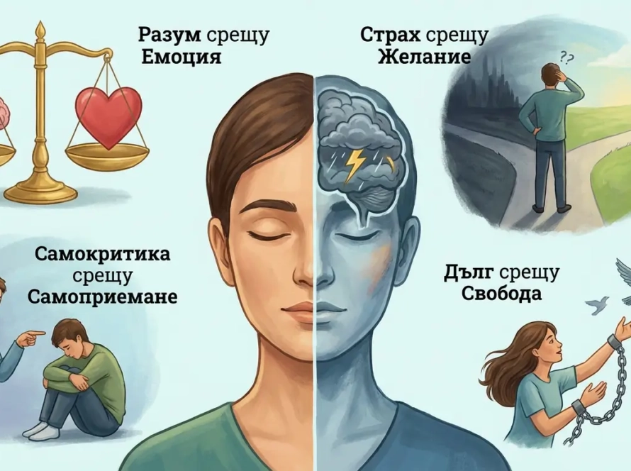Вътрешен конфликт – илюстрация на борбата между разум и емоция, самокритика и самоприемане, психологично консултиране в Integra House