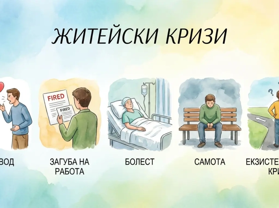Житейски кризи – илюстрация на развод, загуба на работа, болест, самота и екзистенциална криза, психологично консултиране в Integra House